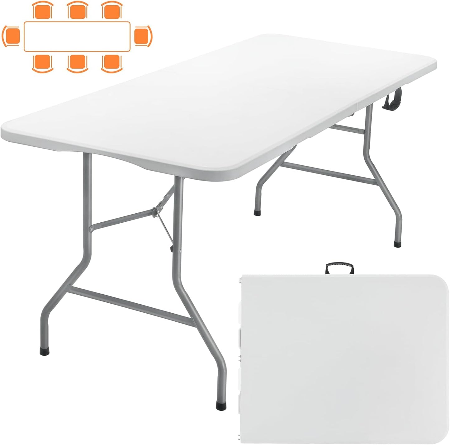 SKOK 330lbs Folding Picnic Table 4/6/8 Foot Adjustable Height, 4/6/8FT Plastic Table Portable w/Handle, Utility Commercial Craft Sewing Card Table w/Heavy Duty Frame for Party Events