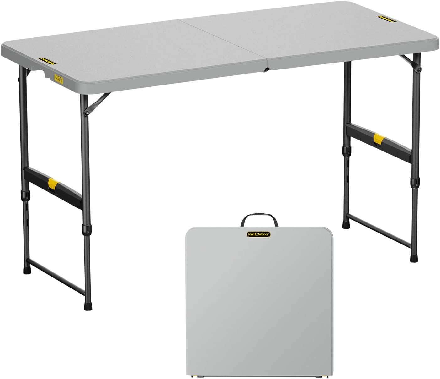 FanttikOutdoor 4ft Portable Folding Table, One-Handed Height Adjustment, 4 Heights, Gravity Lock, Carry Handle, Indoor Outdoor Heavy Duty Fold-in-Half Utility Table, Party, Grey Zeta X4 Pro