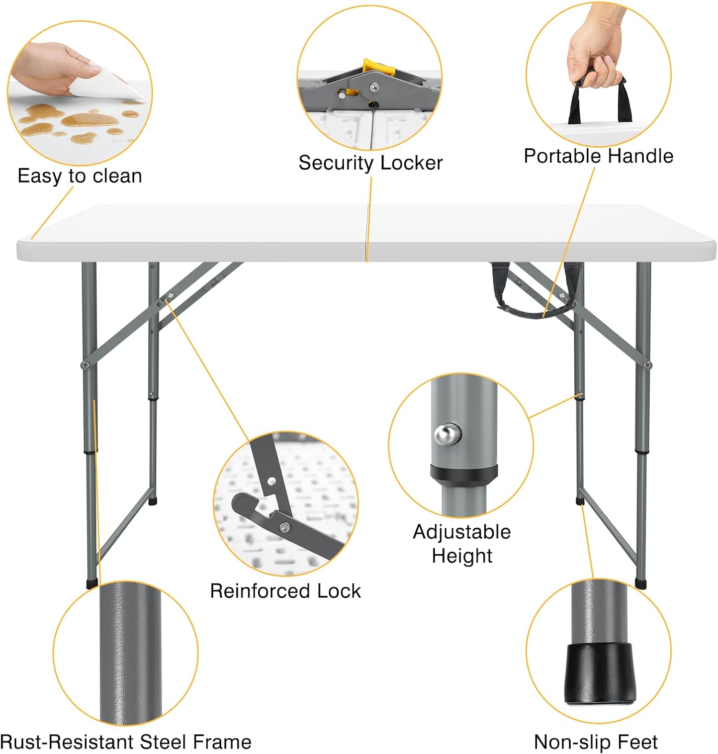 SKOK 330lbs Folding Picnic Table 4/6/8 Foot Adjustable Height, 4/6/8FT Plastic Table Portable w/Handle, Utility Commercial Craft Sewing Card Table w/Heavy Duty Frame for Party Events