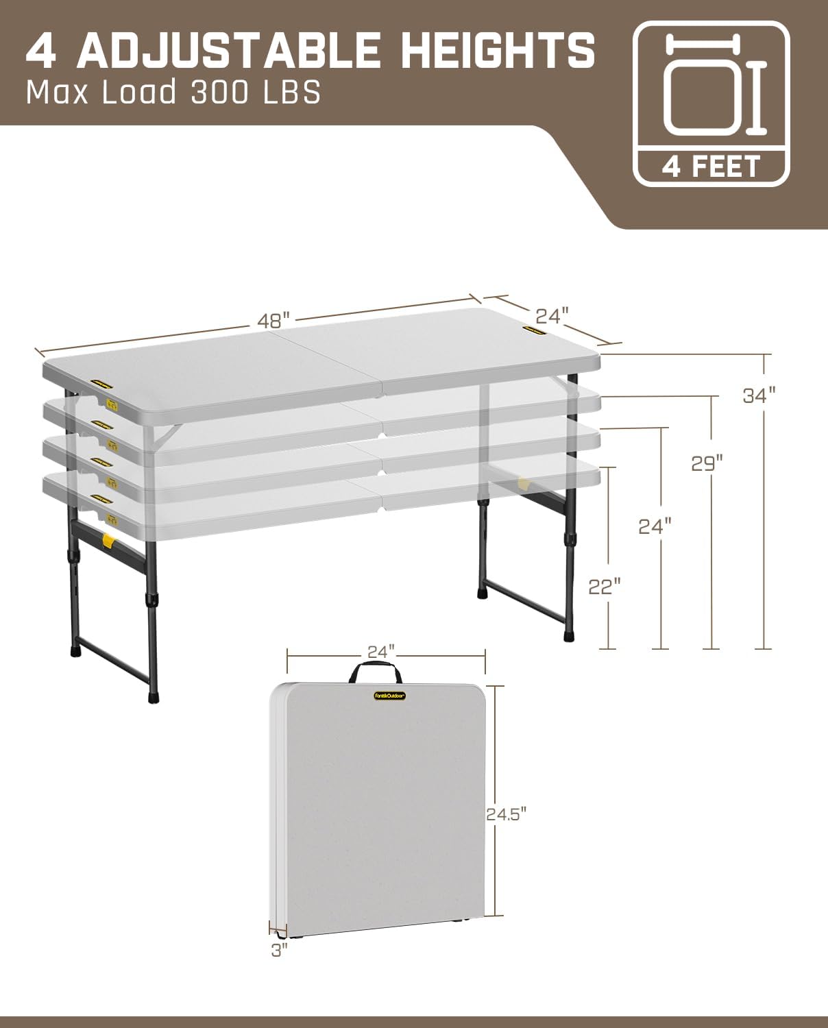 FanttikOutdoor 4ft Portable Folding Table, One-Handed Height Adjustment, 4 Heights, Gravity Lock, Carry Handle, Indoor Outdoor Heavy Duty Fold-in-Half Utility Table, Party, Grey Zeta X4 Pro