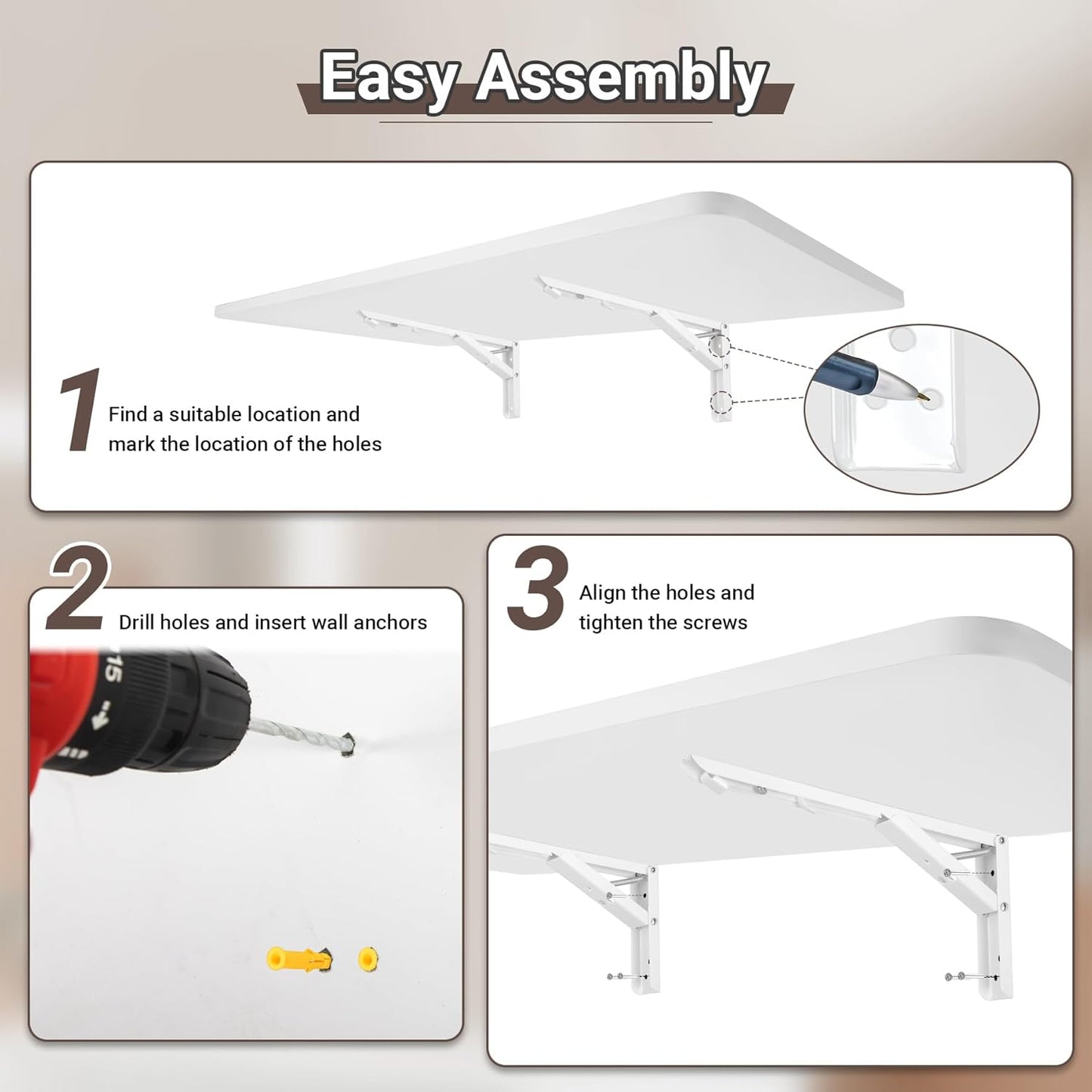Wall Mounted Folding Table 31.5”L x 15.7”W, Laundry Folding Table with Heavy Duty Metal Collapsible Shelf Brackets, Wall Mounted Desk Fold Down for Small Spaces, White
