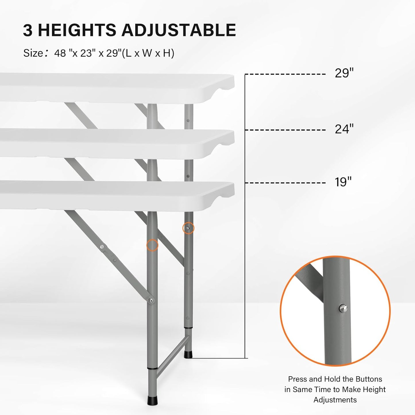 VINGLI 4 FT Plastic Folding Camping Table,3-Level Adjustable Height, Portable in/Outdoor Party Picnic Dining Desk, Garden Soccer Multipurpose Entertaining Activities,White