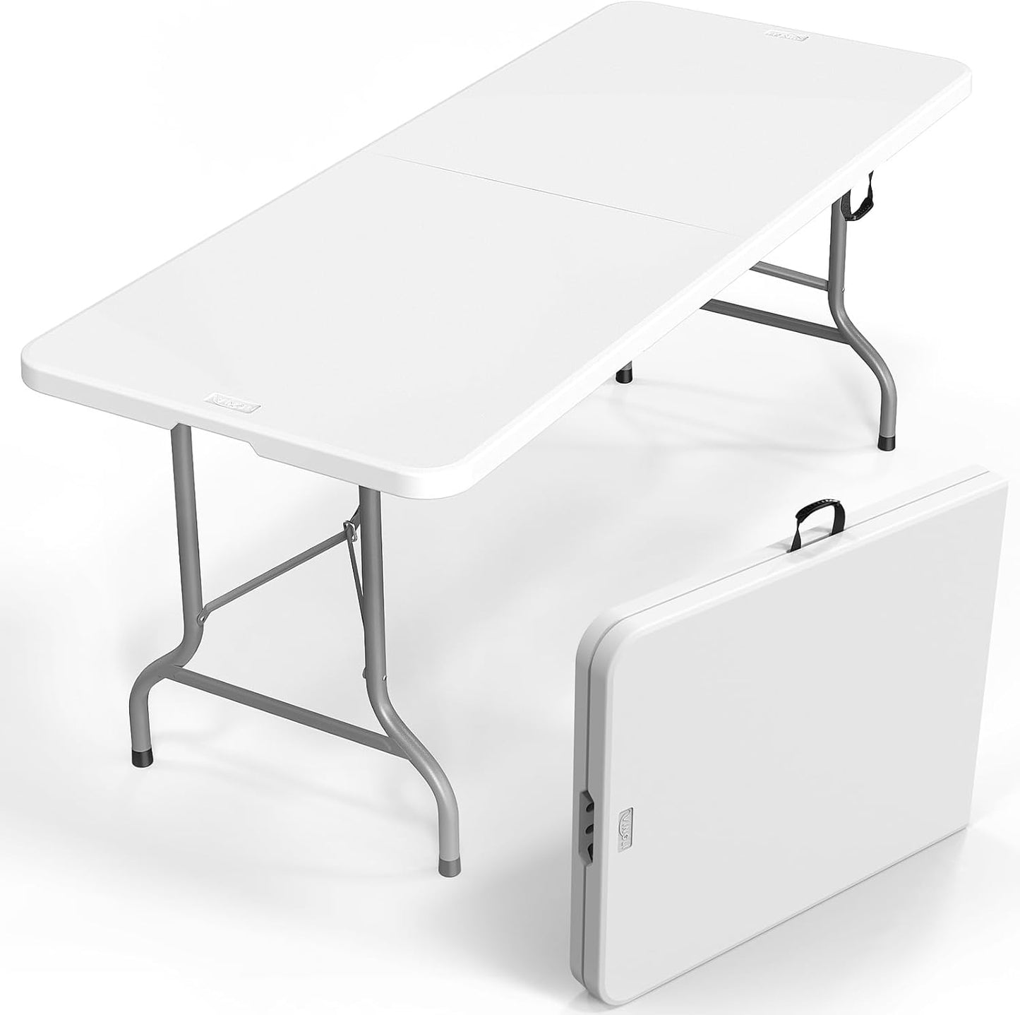 VINGLI 4 FT Plastic Folding Camping Table,3-Level Adjustable Height, Portable in/Outdoor Party Picnic Dining Desk, Garden Soccer Multipurpose Entertaining Activities,White