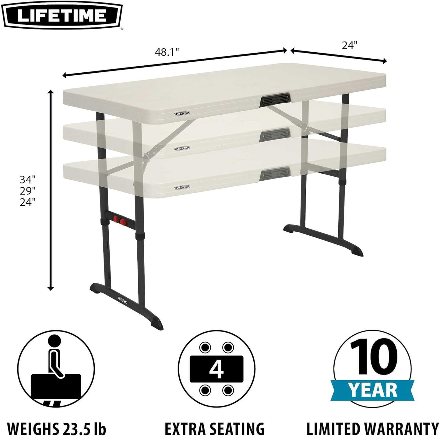 LIFETIME 80387 4-Foot Commercial Adjustable Folding Table, Almond