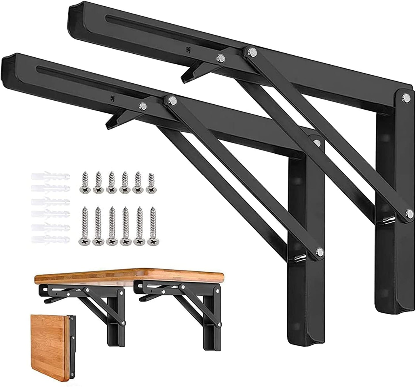 Folding Shelf Brackets - 16 Inch 2 Pcs Heavy Duty Stainless Steel Collapsible Triangle Shelf Bracket, DIY Wall Mounted Folding Table Hinge, Space Saving for Bench Table with Screws