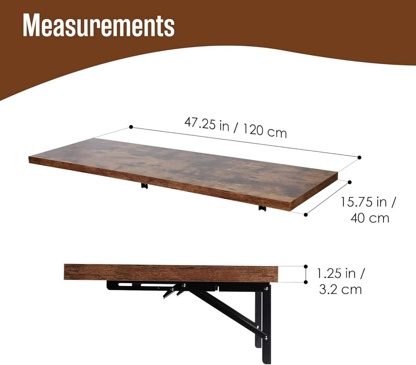 Houseables Wall Mounted Desk, Murphy Desk, Wall Mounted Folding Table, Laundry Folding Table, Fold Down Work Bench, Foldable Mount Station, Floating Bar, Hanging, Dining, Kitchen, Clothes, 48x16 Brown