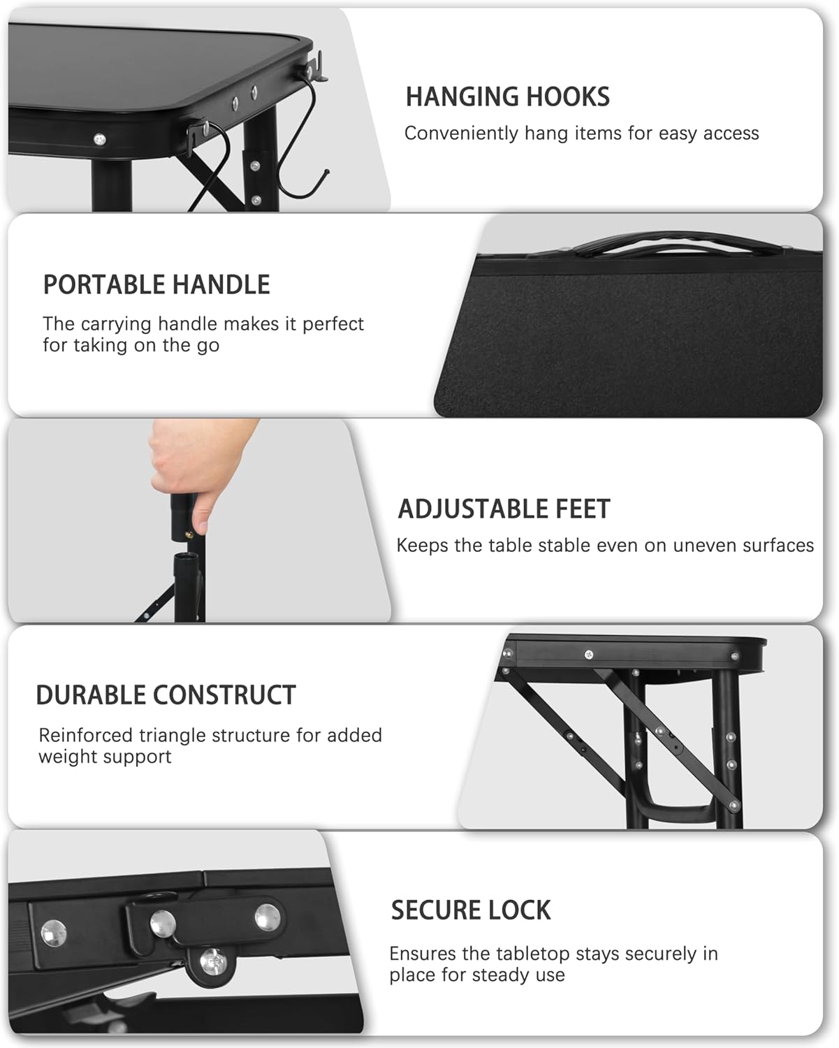 LOFTEY 2024 Reinforced Small Folding Table Portable, Small Foldable Camping Table, Heavy-Duty Mini Folding | Adjustable Height | Lightweight Premium Aluminum with Handle | Black 25"x16"x22"