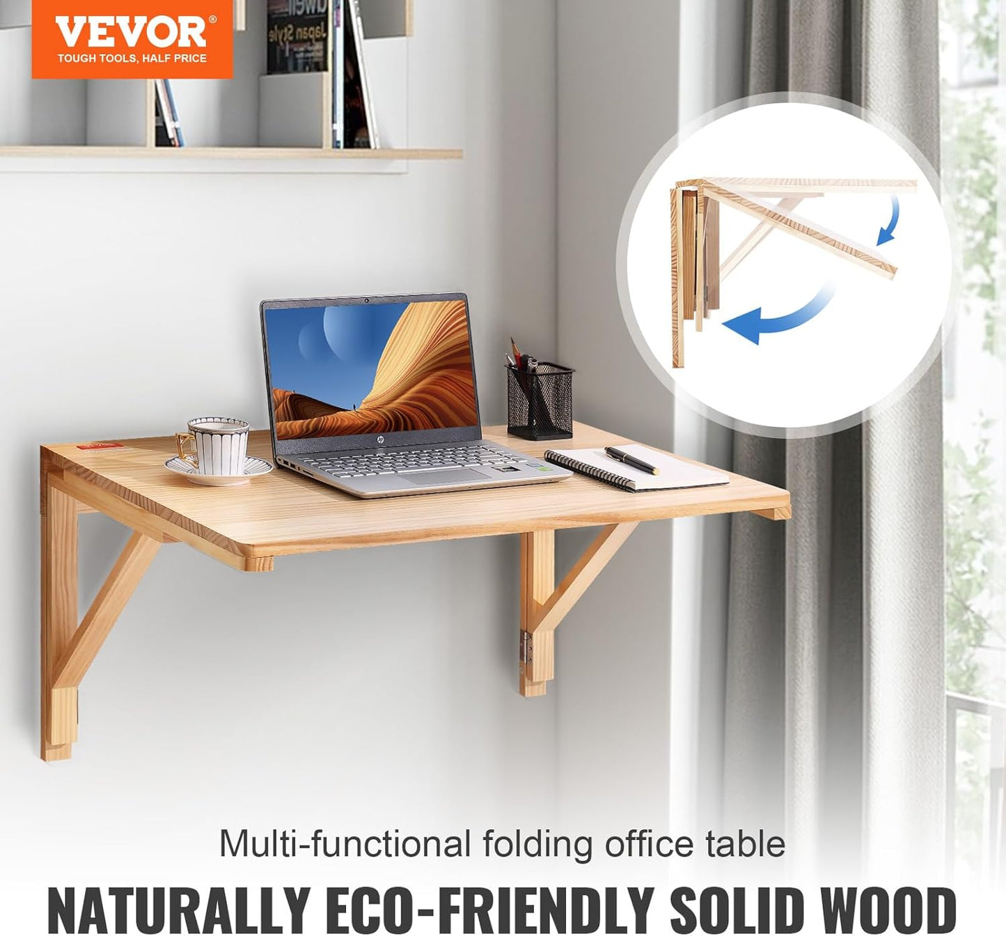 VEVOR Wall Mounted Folding Table, Wall Mounted Drop Leaf Tables, Solid Wood Floating Desk for Dining, Laundry Room, Office, 31.5" x 23.58" x 17.24" Fold Down Desk