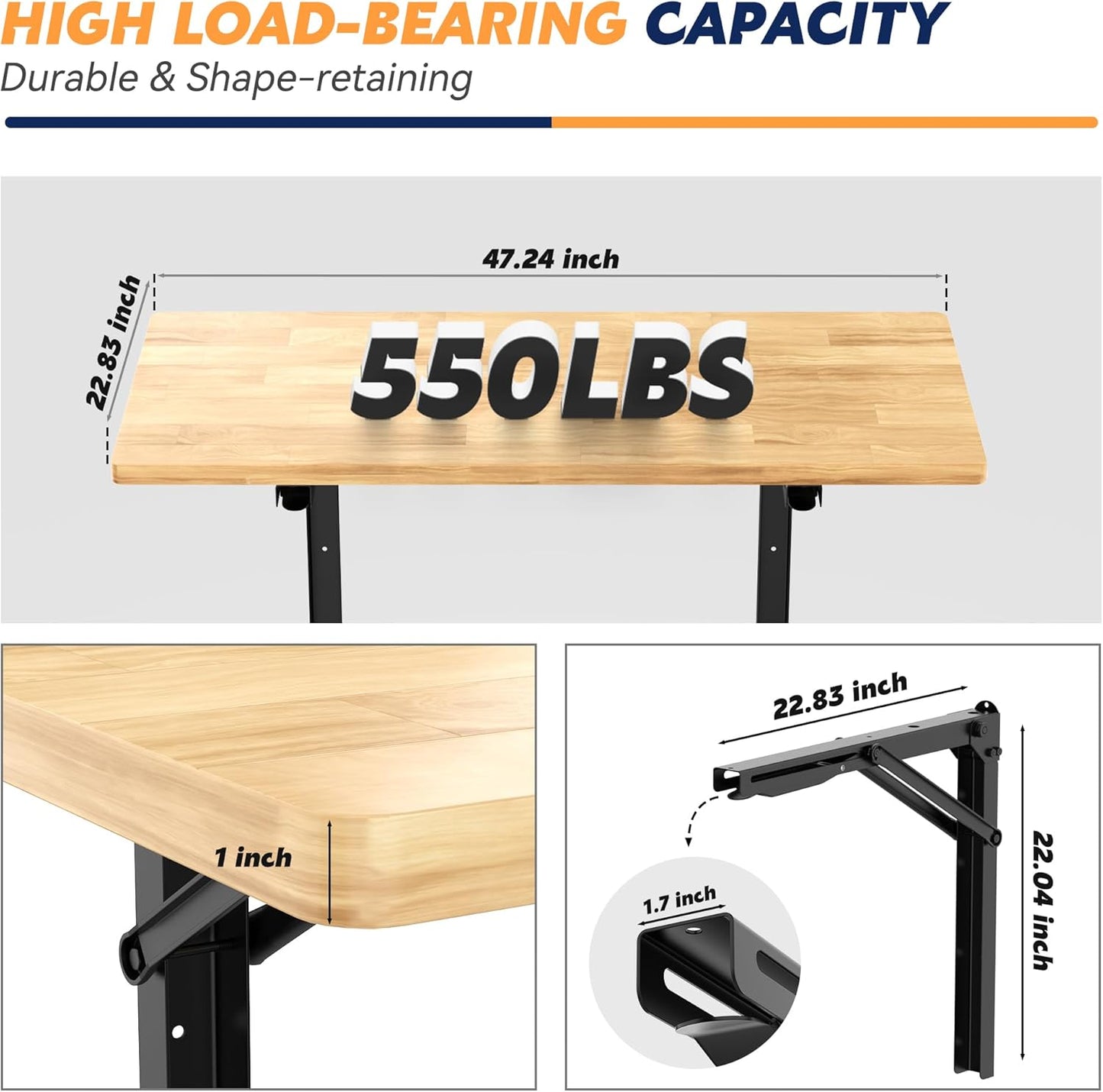 Ultrawall Wall Mounted Folding Workbench, Heavy Duty Foldable Work Table, Collapsible Desk for Workshop, Garage, Office, Home, Holds Up to 550 lb, 47.2"