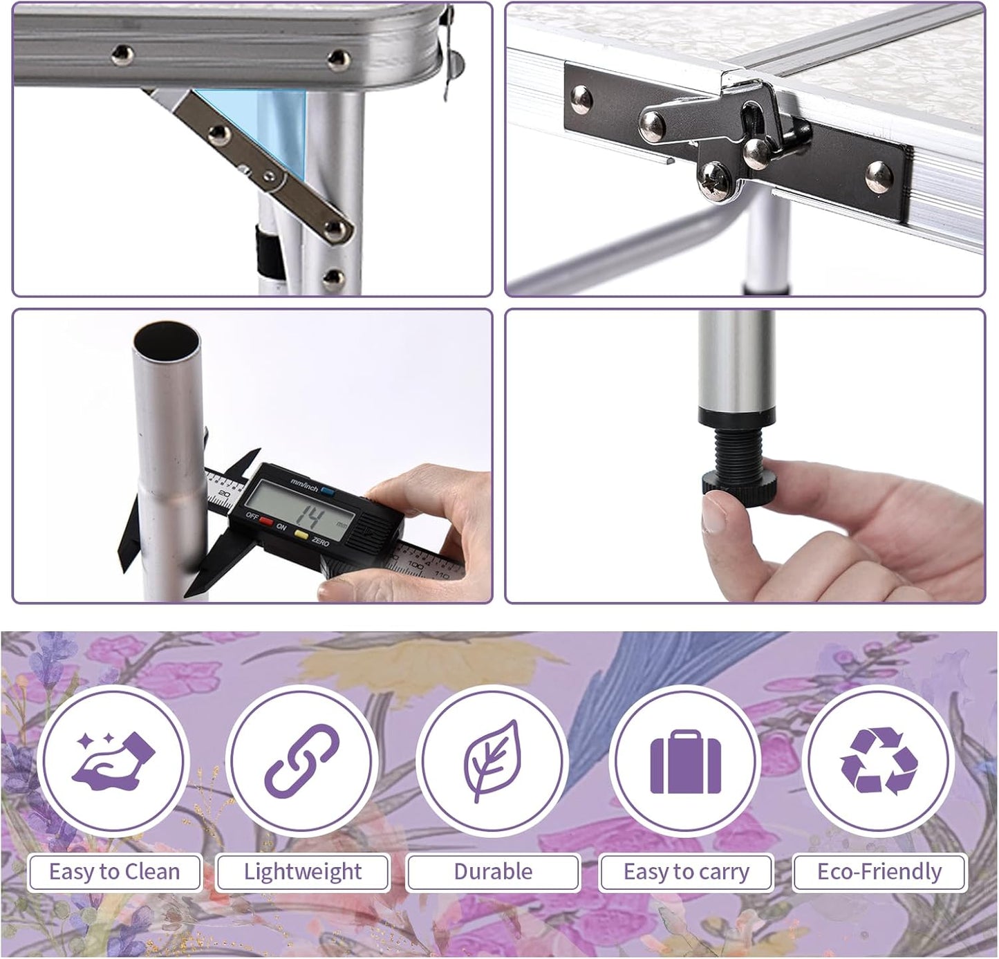 Folding Camping Table 2ft Portable Pinic Table Adjustable Height Small Card Table Aluminum Foldable Lightweight with Carry Handle for Outdoor Indoor Hiking Camp BBQ Beach (Blooming Floral)