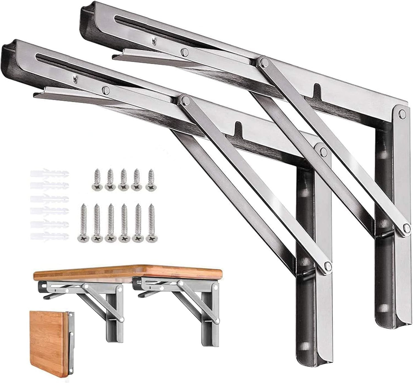 Folding Shelf Brackets - 16 Inch 2 Pcs Heavy Duty Stainless Steel Collapsible Triangle Shelf Bracket, DIY Wall Mounted Folding Table Hinge, Space Saving for Bench Table with Screws
