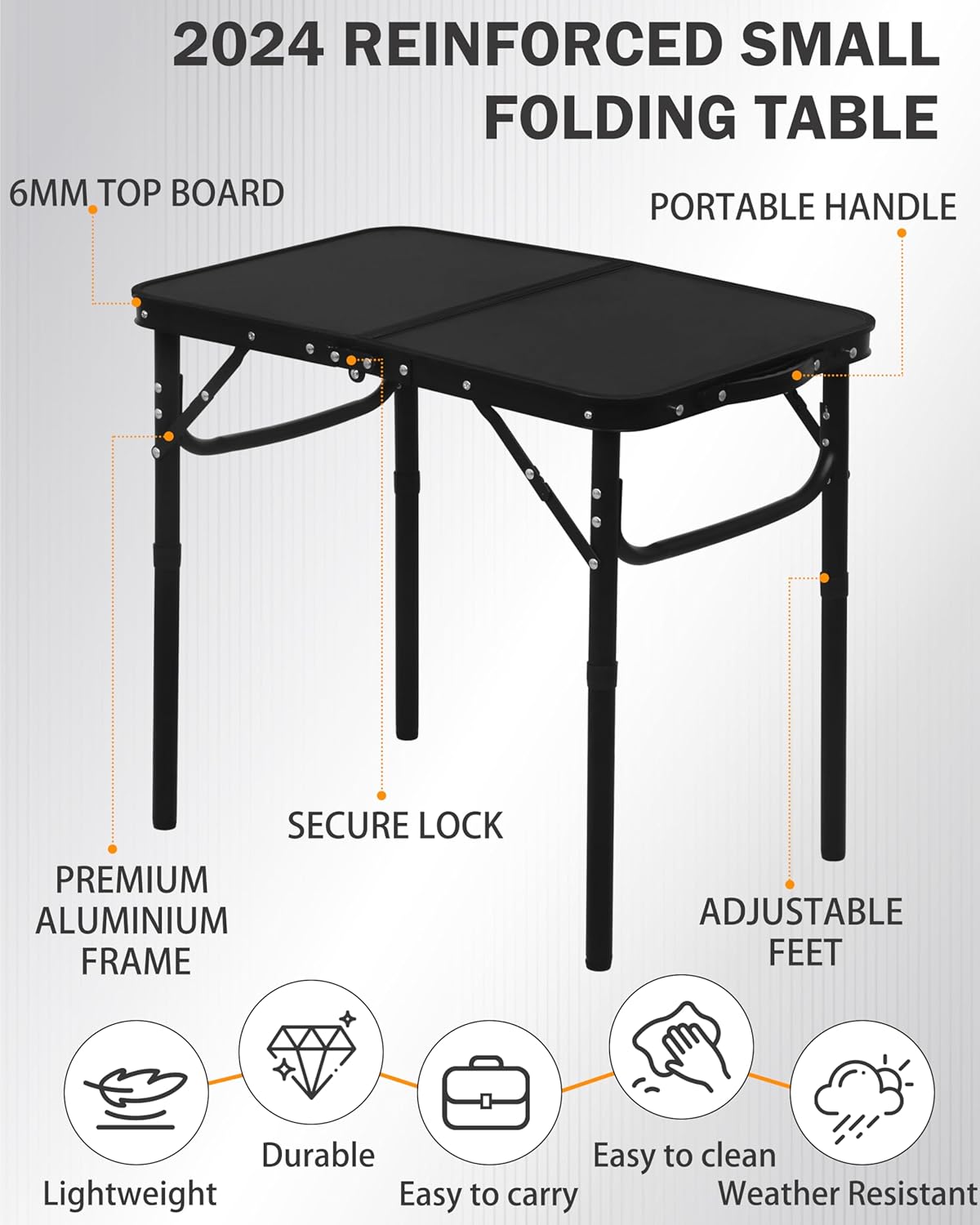 LOFTEY 2024 Reinforced Small Folding Table Portable, Small Foldable Camping Table, Heavy-Duty Mini Folding | Adjustable Height | Lightweight Premium Aluminum with Handle | Black 25"x16"x22"