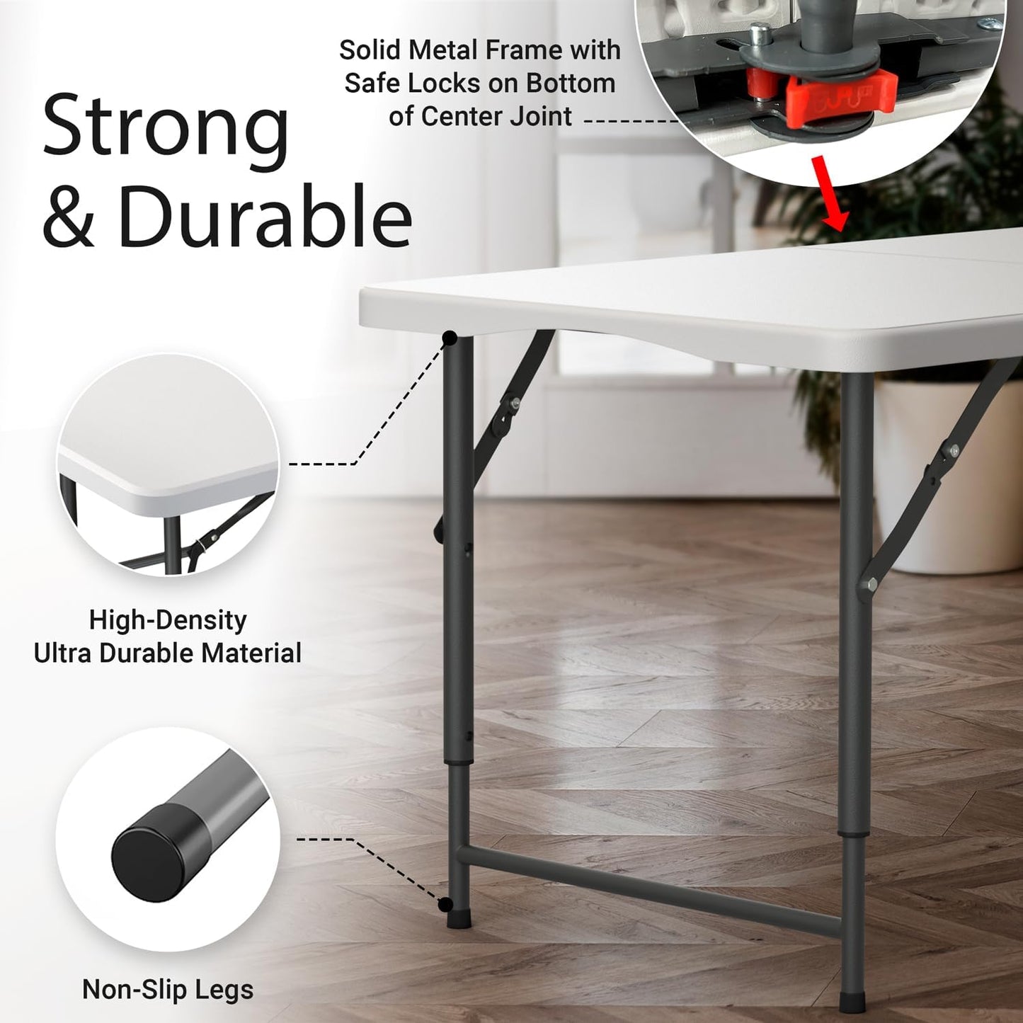 4 Feet Foldable Table Adjustable Height with Built in Handle, Steel Legs | Heavy Duty Portable | Perfect for Party, Dining, Wedding, Events, Picnic Indoor, Outdoor, Camping, Utility, Folding