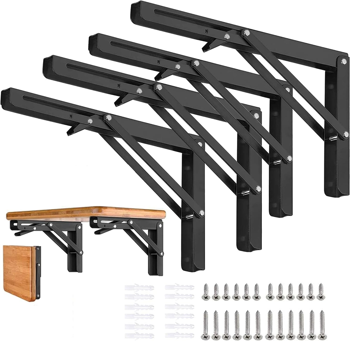 Folding Shelf Brackets - 16 Inch 2 Pcs Heavy Duty Stainless Steel Collapsible Triangle Shelf Bracket, DIY Wall Mounted Folding Table Hinge, Space Saving for Bench Table with Screws
