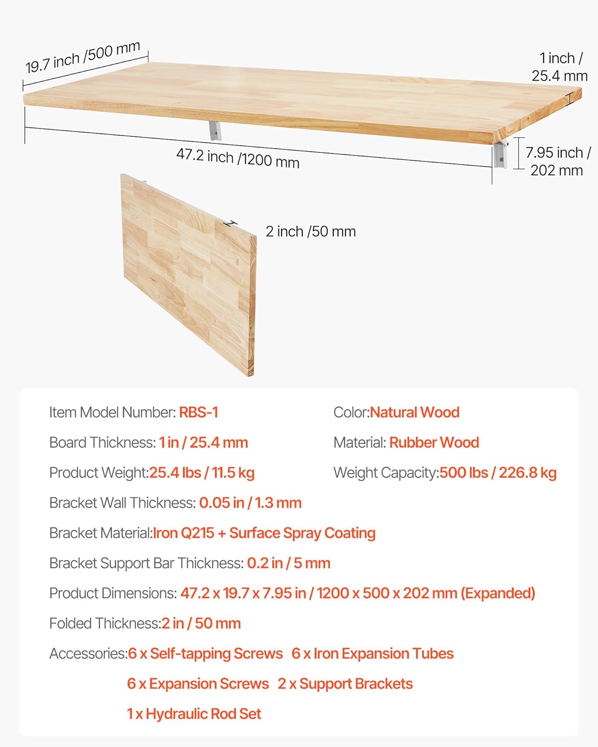 VEVOR Wall Mounted Folding Table, 47.2 x 19.7 inches Wall Mount Table, Floating Desk with Iron Bracket, Fold Down Desk for Small Spaces, Home Office, Dining, Laundry Room, Kitchen, Bar, Burlywood