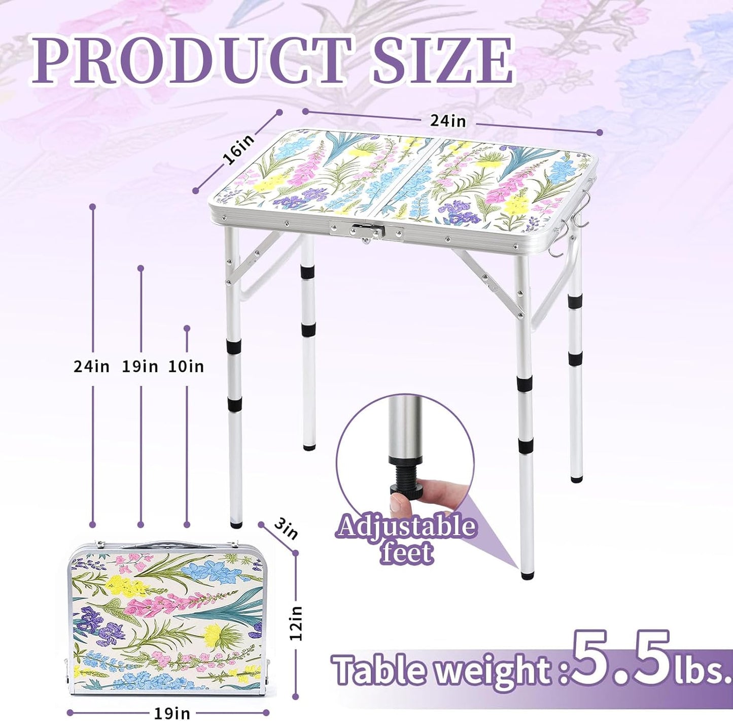 Folding Camping Table 2ft Portable Pinic Table Adjustable Height Small Card Table Aluminum Foldable Lightweight with Carry Handle for Outdoor Indoor Hiking Camp BBQ Beach (Blooming Floral)