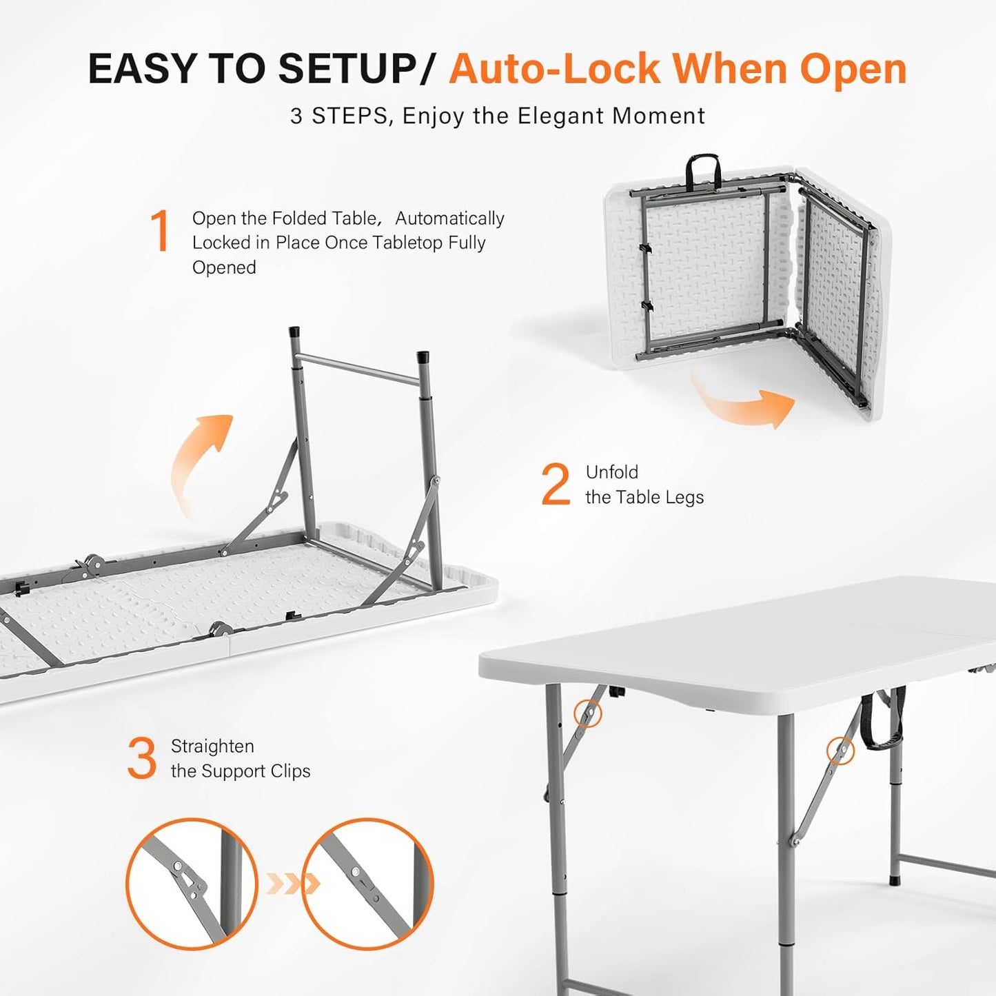 VINGLI 4 FT Plastic Folding Camping Table,3-Level Adjustable Height, Portable in/Outdoor Party Picnic Dining Desk, Garden Soccer Multipurpose Entertaining Activities,White