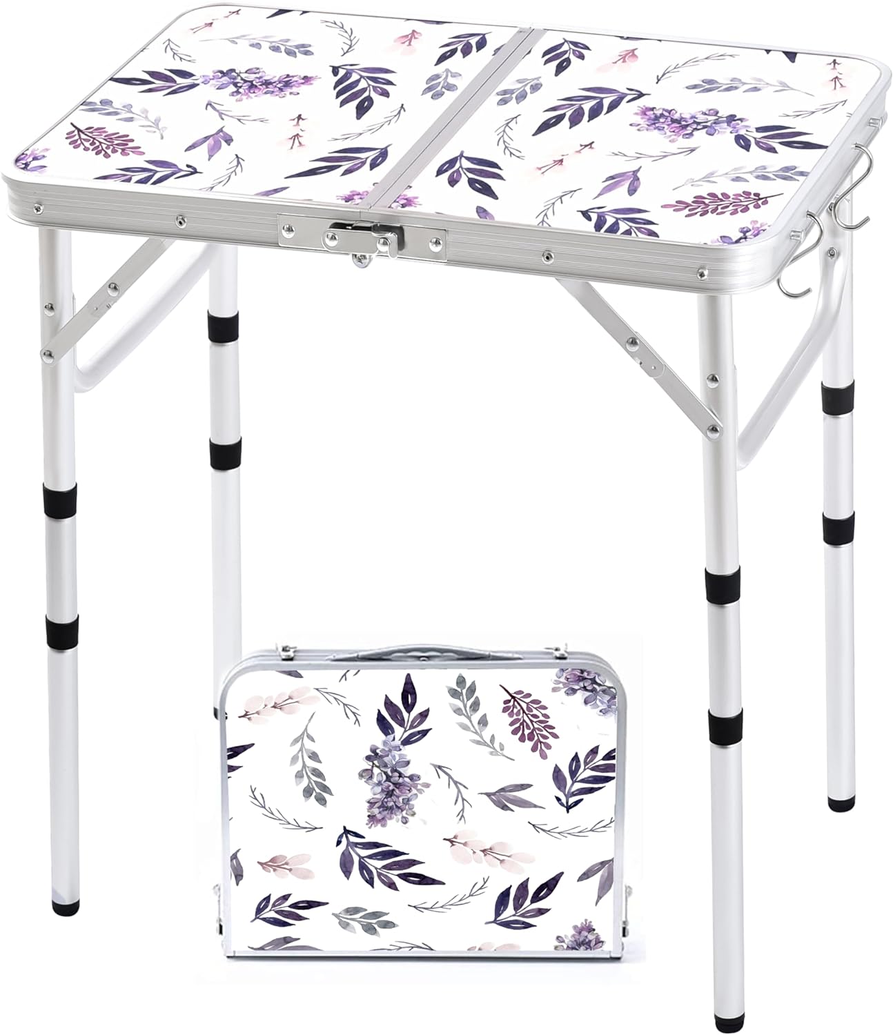 Folding Camping Table 2ft Portable Pinic Table Adjustable Height Small Card Table Aluminum Foldable Lightweight with Carry Handle for Outdoor Indoor Hiking Camp BBQ Beach (Blooming Floral)