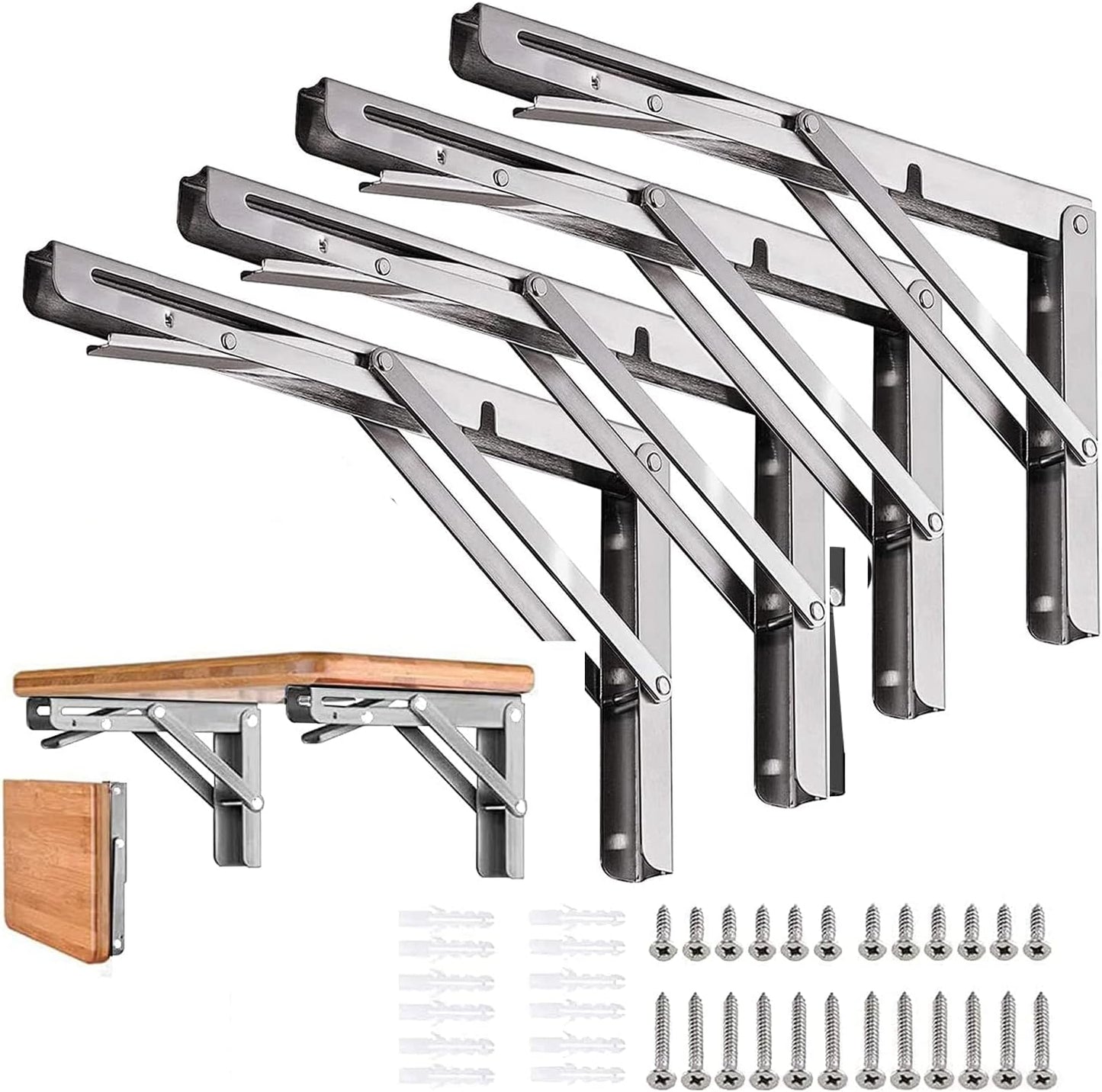 Folding Shelf Brackets - 16 Inch 2 Pcs Heavy Duty Stainless Steel Collapsible Triangle Shelf Bracket, DIY Wall Mounted Folding Table Hinge, Space Saving for Bench Table with Screws