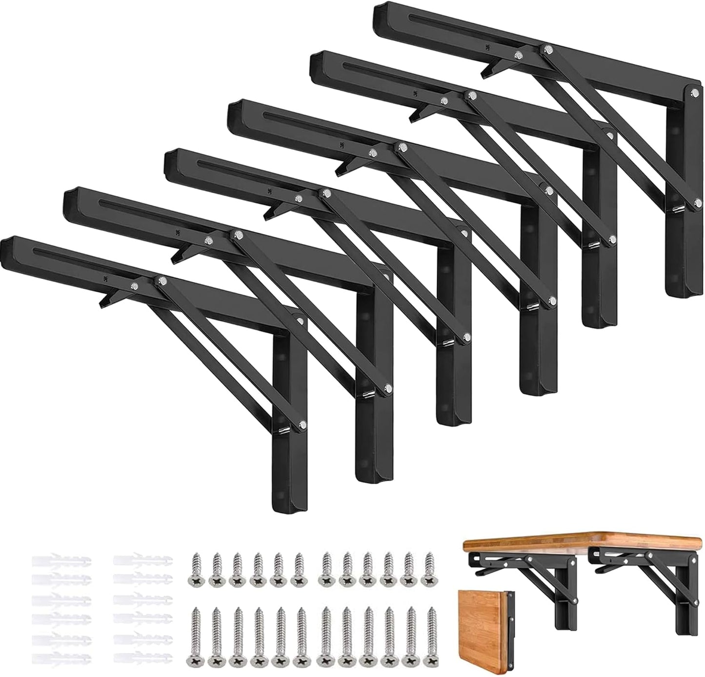 Folding Shelf Brackets - 16 Inch 2 Pcs Heavy Duty Stainless Steel Collapsible Triangle Shelf Bracket, DIY Wall Mounted Folding Table Hinge, Space Saving for Bench Table with Screws