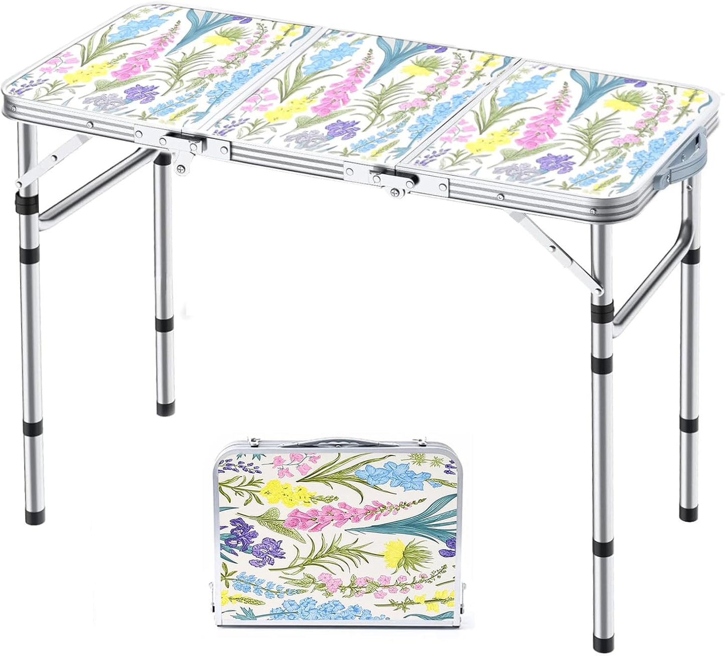 Folding Camping Table 2ft Portable Pinic Table Adjustable Height Small Card Table Aluminum Foldable Lightweight with Carry Handle for Outdoor Indoor Hiking Camp BBQ Beach (Blooming Floral)