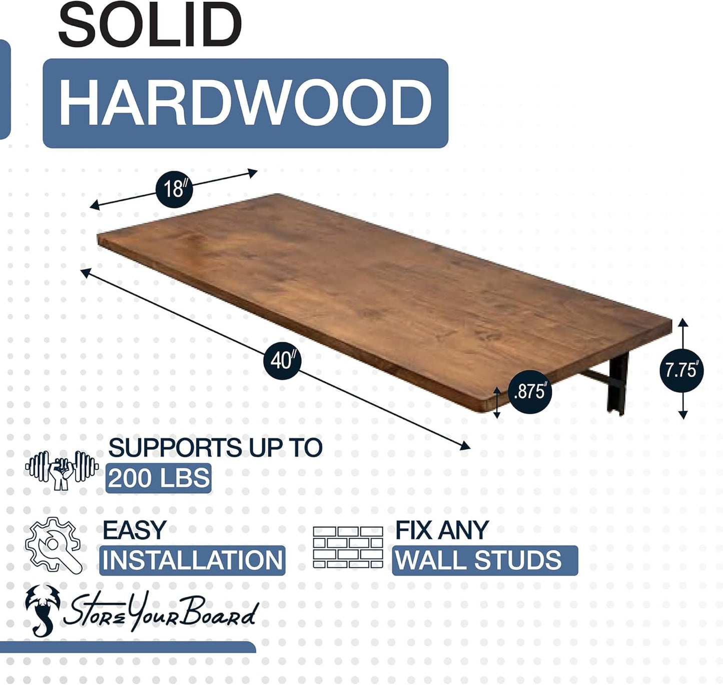 StoreYourBoard Wall Mounted Foldaway Table, Dark Wood Butcher Block Folding Desk, 40" x 18", Black Steel Brackets