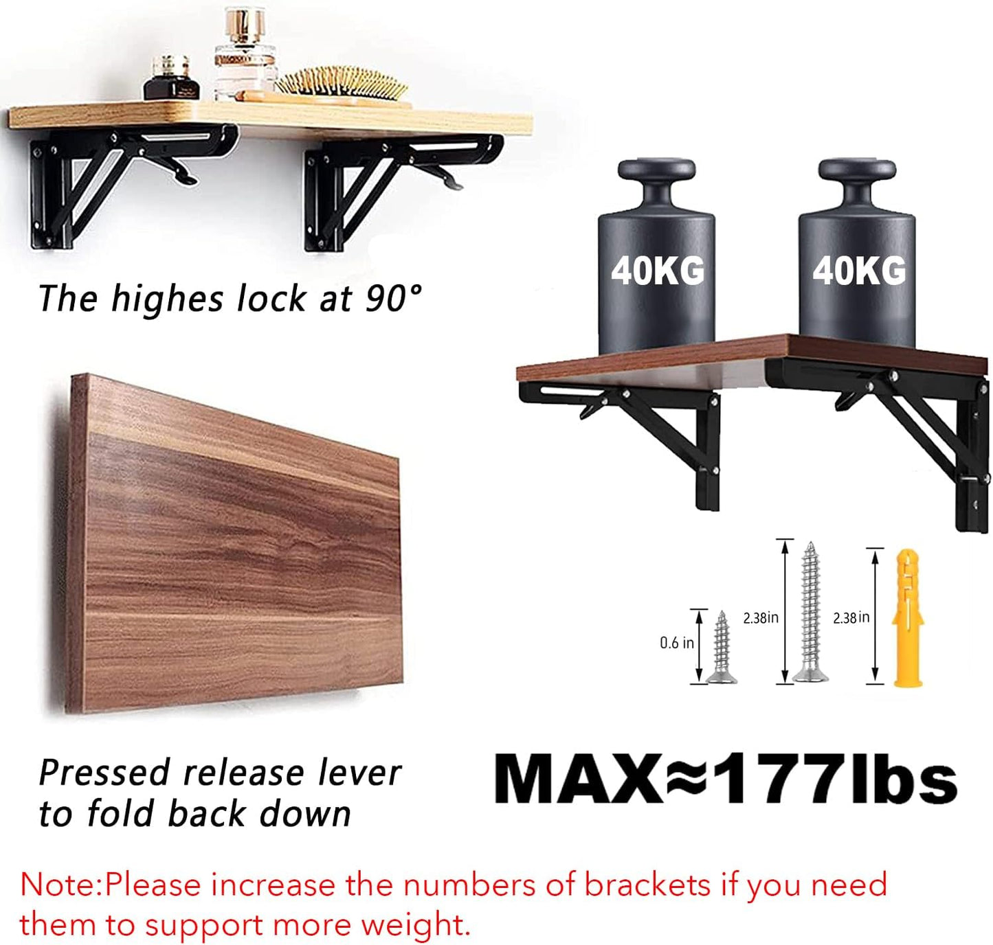 Folding Shelf Brackets - 16 Inch 2 Pcs Heavy Duty Stainless Steel Collapsible Triangle Shelf Bracket, DIY Wall Mounted Folding Table Hinge, Space Saving for Bench Table with Screws