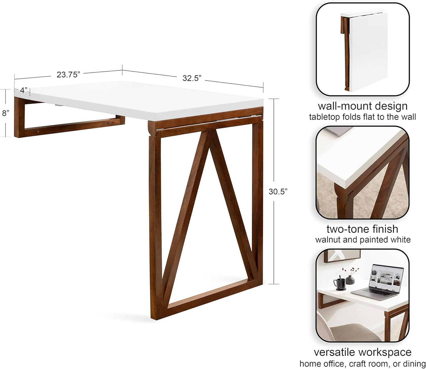 Kate and Laurel Kaya Modern Wall-Mounted Folding Table, 24 x 33 x 31, White and Walnut, Space-Saving Versatile Table with Folding Design for Dining Room or Home Office Decor