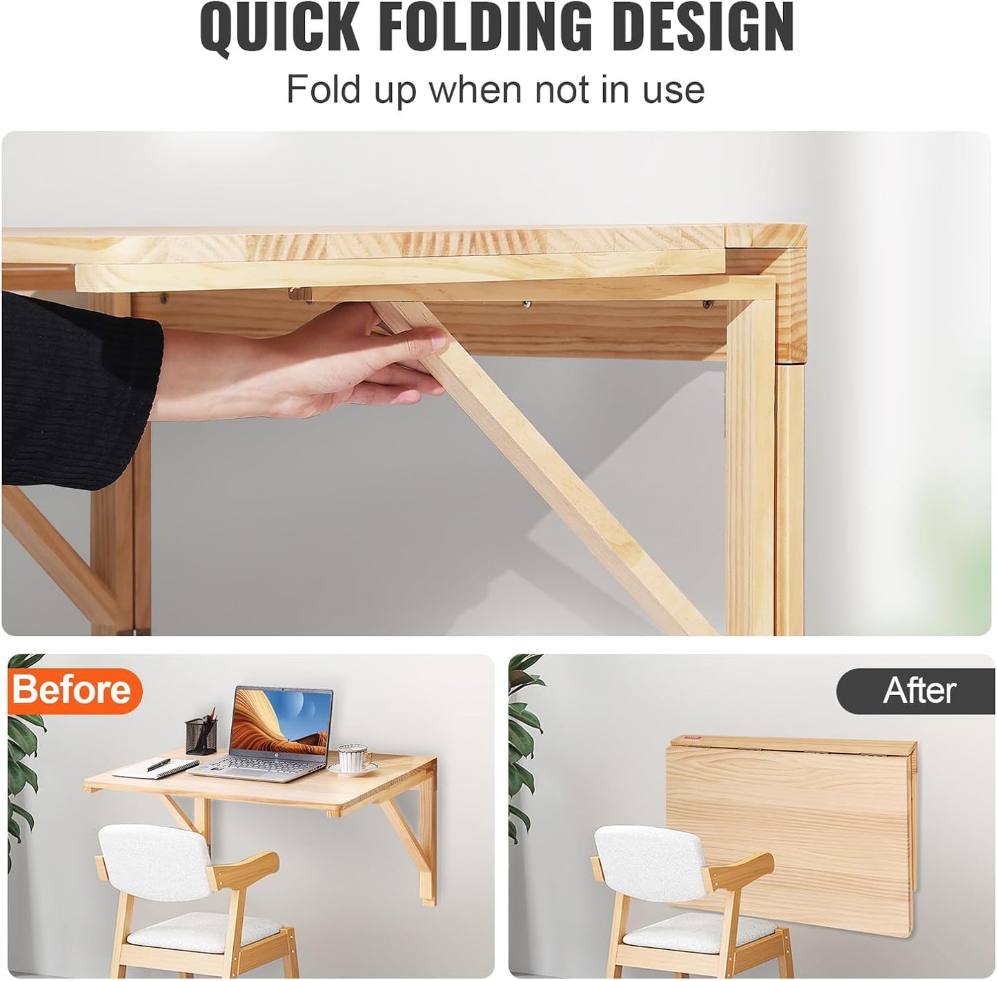 VEVOR Wall Mounted Folding Table, Wall Mounted Drop Leaf Tables, Solid Wood Floating Desk for Dining, Laundry Room, Office, 31.5" x 23.58" x 17.24" Fold Down Desk