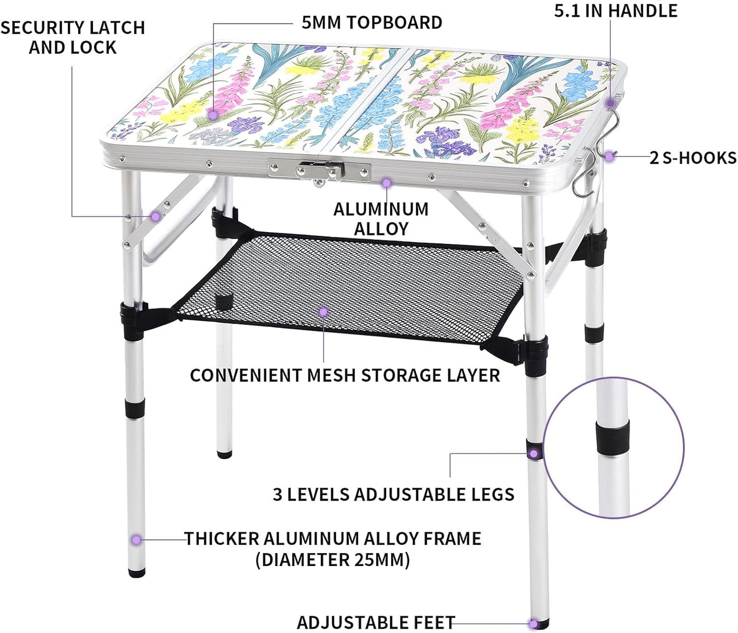 Folding Camping Table 2ft Portable Pinic Table Adjustable Height Small Card Table Aluminum Foldable Lightweight with Carry Handle for Outdoor Indoor Hiking Camp BBQ Beach (Blooming Floral)