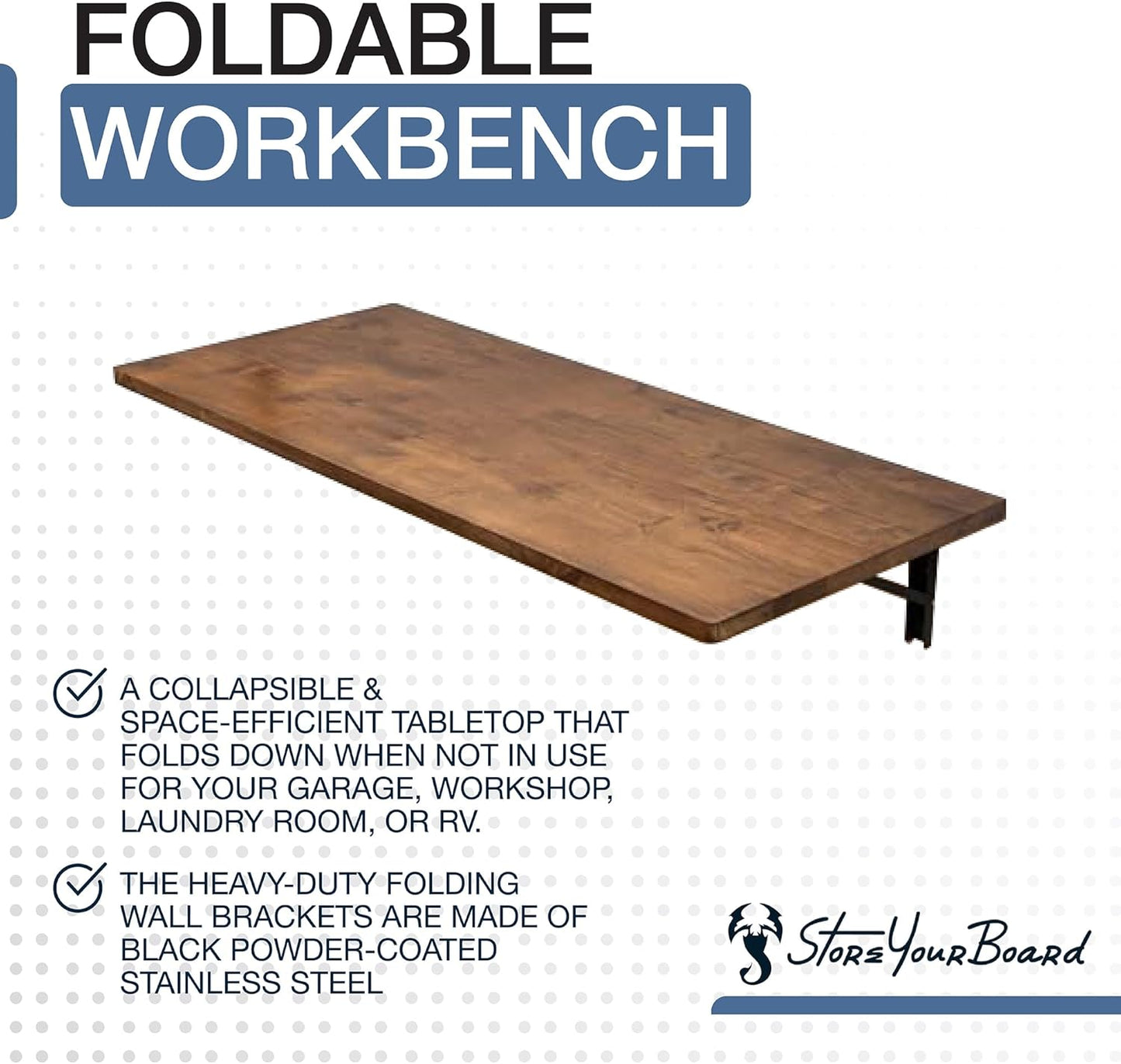 StoreYourBoard Wall Mounted Foldaway Table, Dark Wood Butcher Block Folding Desk, 40" x 18", Black Steel Brackets