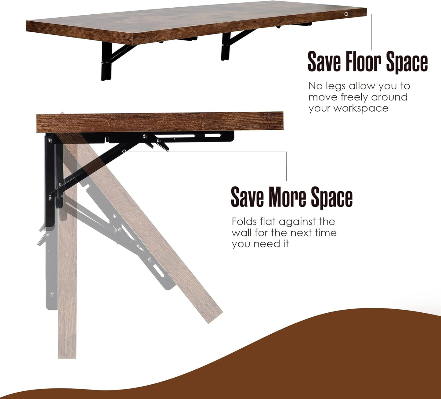 Houseables Wall Mounted Desk, Murphy Desk, Wall Mounted Folding Table, Laundry Folding Table, Fold Down Work Bench, Foldable Mount Station, Floating Bar, Hanging, Dining, Kitchen, Clothes, 48x16 Brown