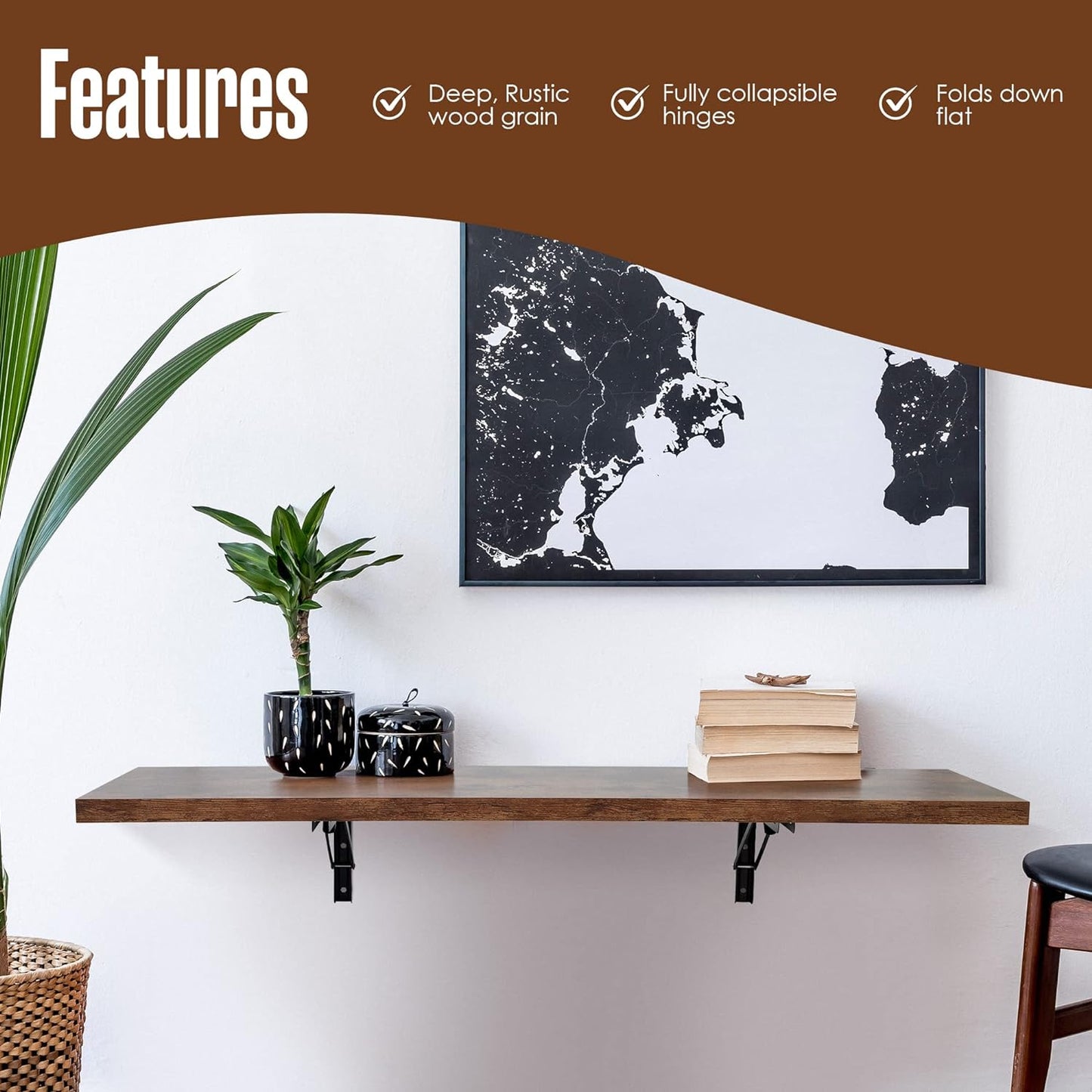 Houseables Wall Mounted Desk, Murphy Desk, Wall Mounted Folding Table, Laundry Folding Table, Fold Down Work Bench, Foldable Mount Station, Floating Bar, Hanging, Dining, Kitchen, Clothes, 48x16 Brown