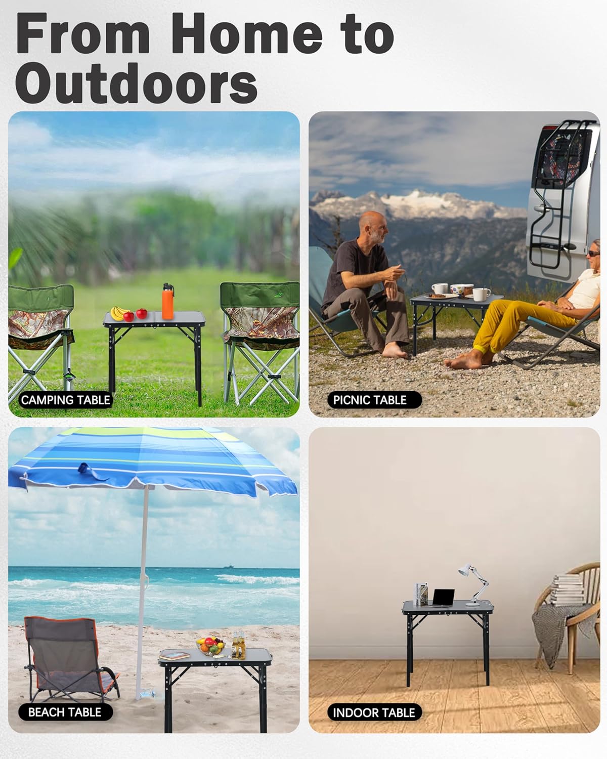 LOFTEY 2024 Reinforced Small Folding Table Portable, Small Foldable Camping Table, Heavy-Duty Mini Folding | Adjustable Height | Lightweight Premium Aluminum with Handle | Black 25"x16"x22"