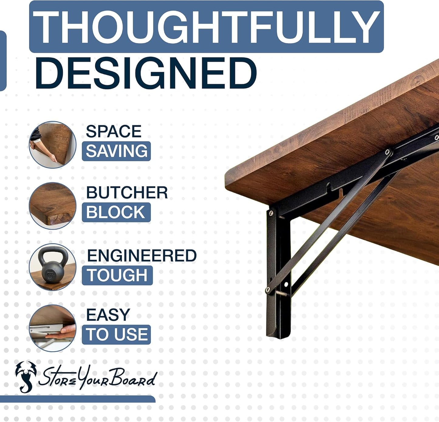 StoreYourBoard Wall Mounted Foldaway Table, Dark Wood Butcher Block Folding Desk, 40" x 18", Black Steel Brackets