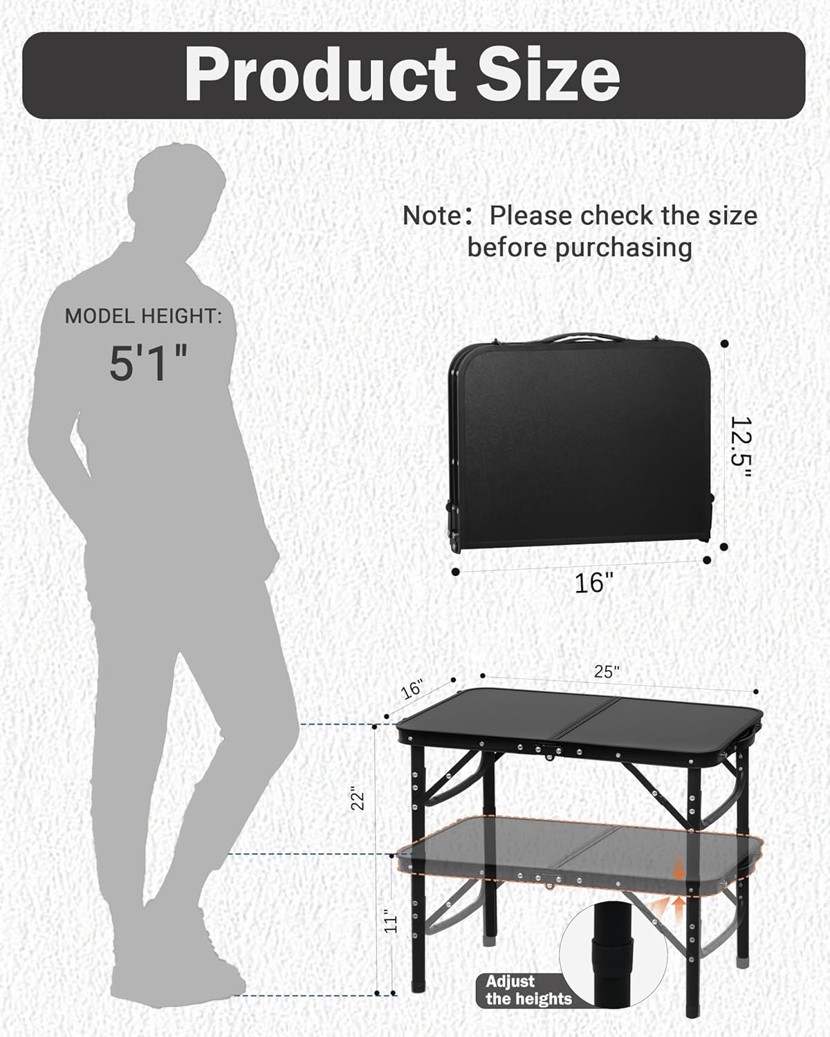 LOFTEY 2024 Reinforced Small Folding Table Portable, Small Foldable Camping Table, Heavy-Duty Mini Folding | Adjustable Height | Lightweight Premium Aluminum with Handle | Black 25"x16"x22"