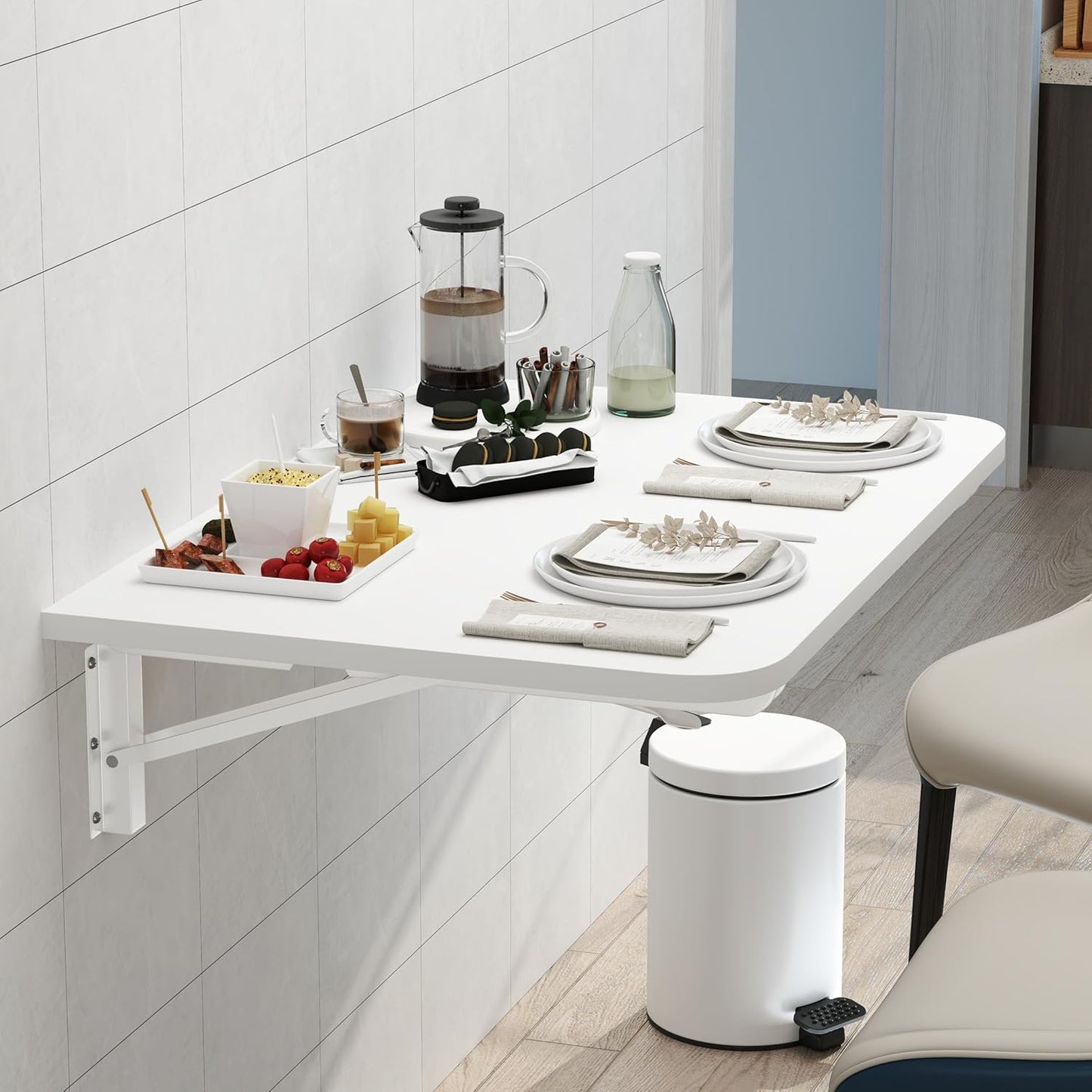 Wall Mounted Folding Desk, Space Saving Drop Leaf Table for Small Spaces, Modern Floating Workbench for Kitchen, Dining, Home Office, Laundry Room, Bedroom, Easy Install, White 15.6" x 23.6"