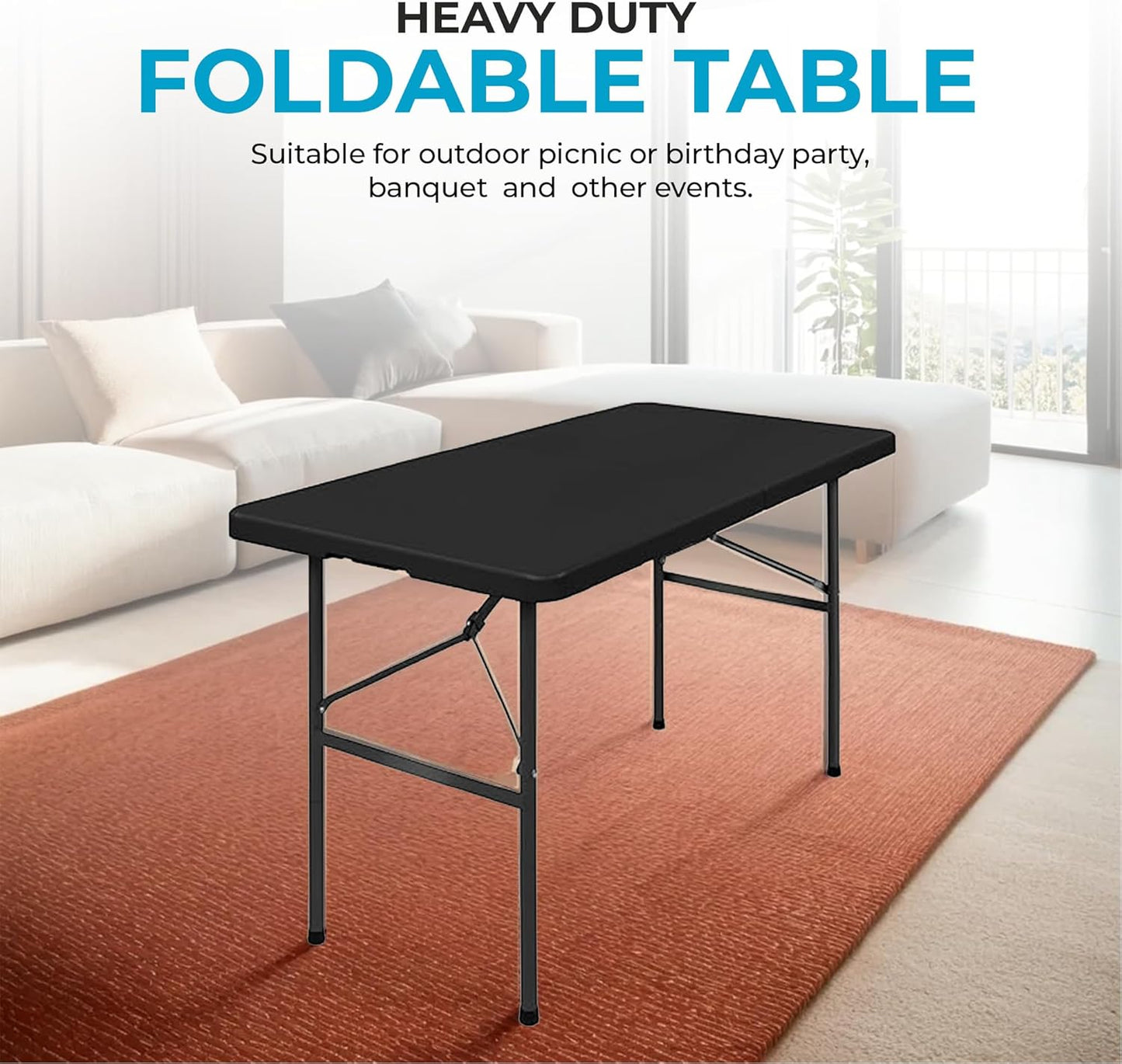 Simpli-Magic 4ft Portable Plastic Folding Table – 17% Thicker Than Others – Indoor & Outdoor Heavy-Duty Foldable Utility Table w/Handle for Party & Camping (Black)