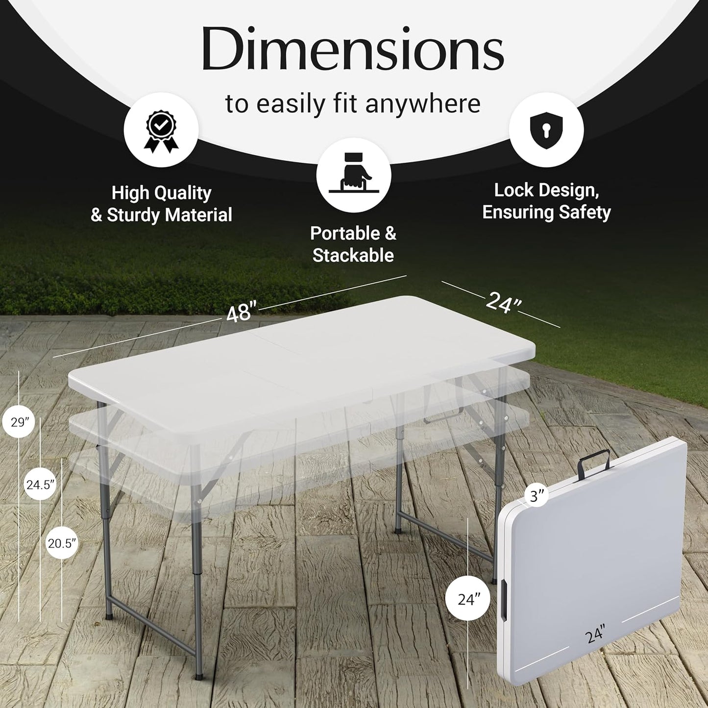 4 Feet Foldable Table Adjustable Height with Built in Handle, Steel Legs | Heavy Duty Portable | Perfect for Party, Dining, Wedding, Events, Picnic Indoor, Outdoor, Camping, Utility, Folding