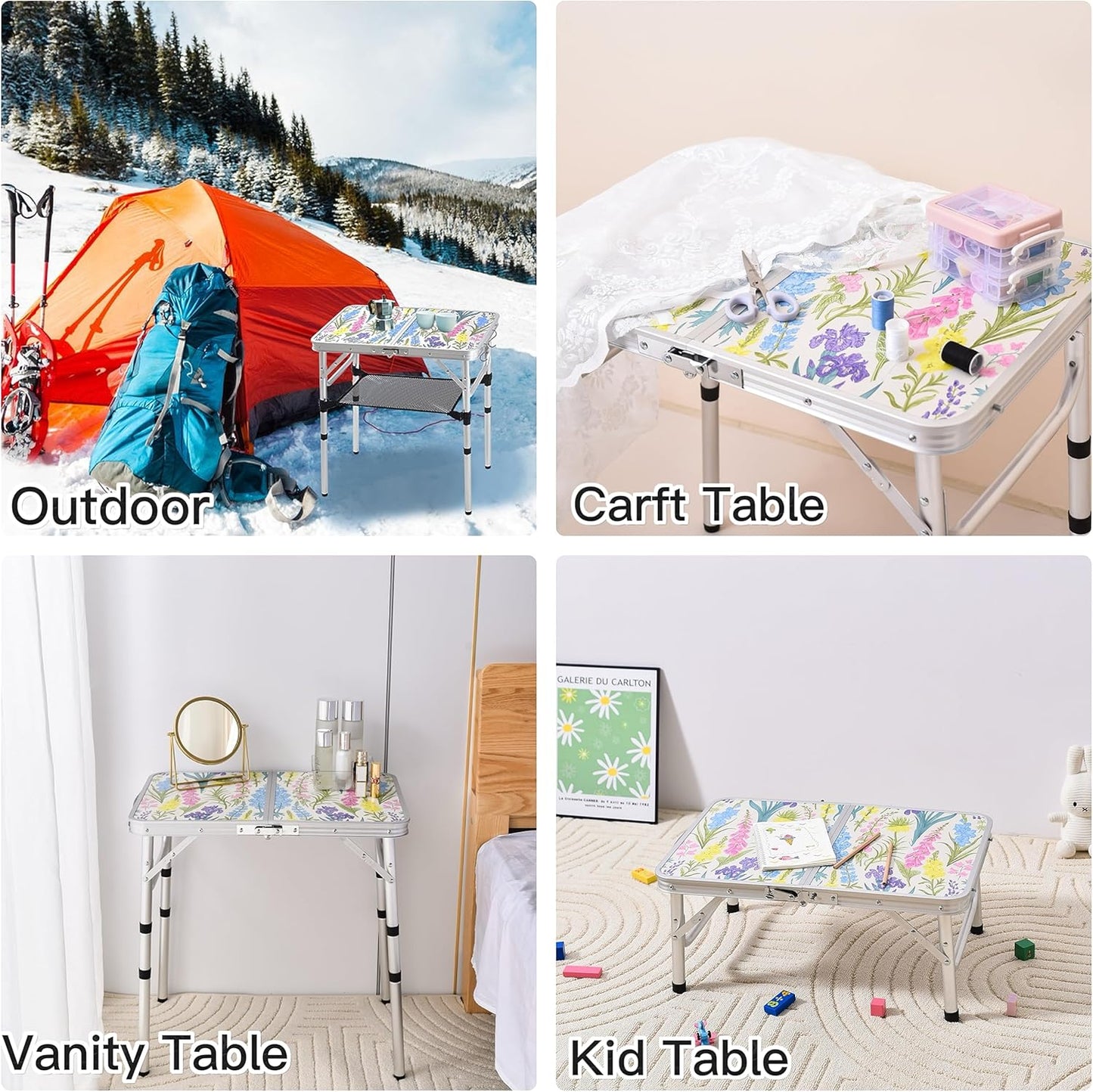 Folding Camping Table 2ft Portable Pinic Table Adjustable Height Small Card Table Aluminum Foldable Lightweight with Carry Handle for Outdoor Indoor Hiking Camp BBQ Beach (Blooming Floral)