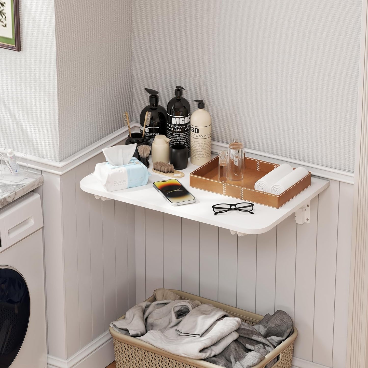 Wall Mounted Folding Desk, Space Saving Drop Leaf Table for Small Spaces, Modern Floating Workbench for Kitchen, Dining, Home Office, Laundry Room, Bedroom, Easy Install, White 15.6" x 23.6"