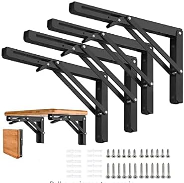 Folding Shelf Brackets - 16 Inch 2 Pcs Heavy Duty Stainless Steel Collapsible Triangle Shelf Bracket, DIY Wall Mounted Folding Table Hinge, Space Saving for Bench Table with Screws