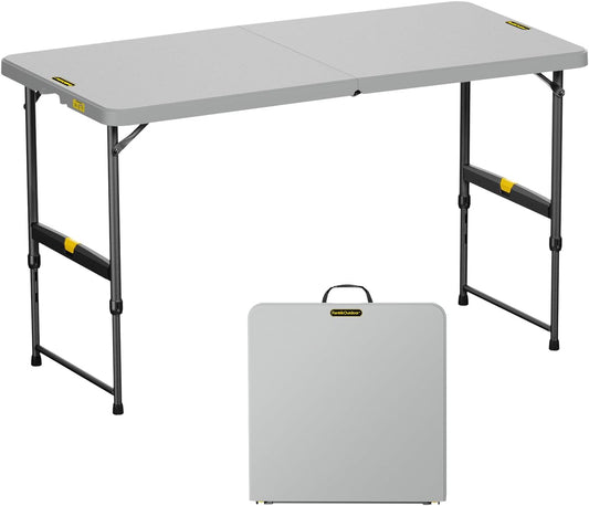 FanttikOutdoor 4ft Portable Folding Table, One-Handed Height Adjustment, 4 Heights, Gravity Lock, Carry Handle, Indoor Outdoor Heavy Duty Fold-in-Half Utility Table, Party, Grey Zeta X4 Pro