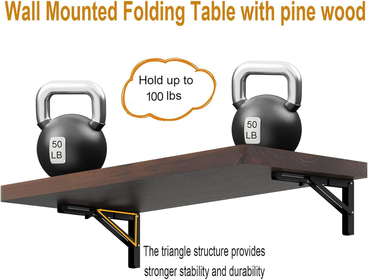 IAE Wall Mounted Folding Table with Pine Wood,36" x 14" Floating Wall Desk,Laundry Folding Table with Shelf Brackets,Fold Down Desk Shelf,Folding Workbench for Home,Dining,Laundry Room,Kitchen,Brown