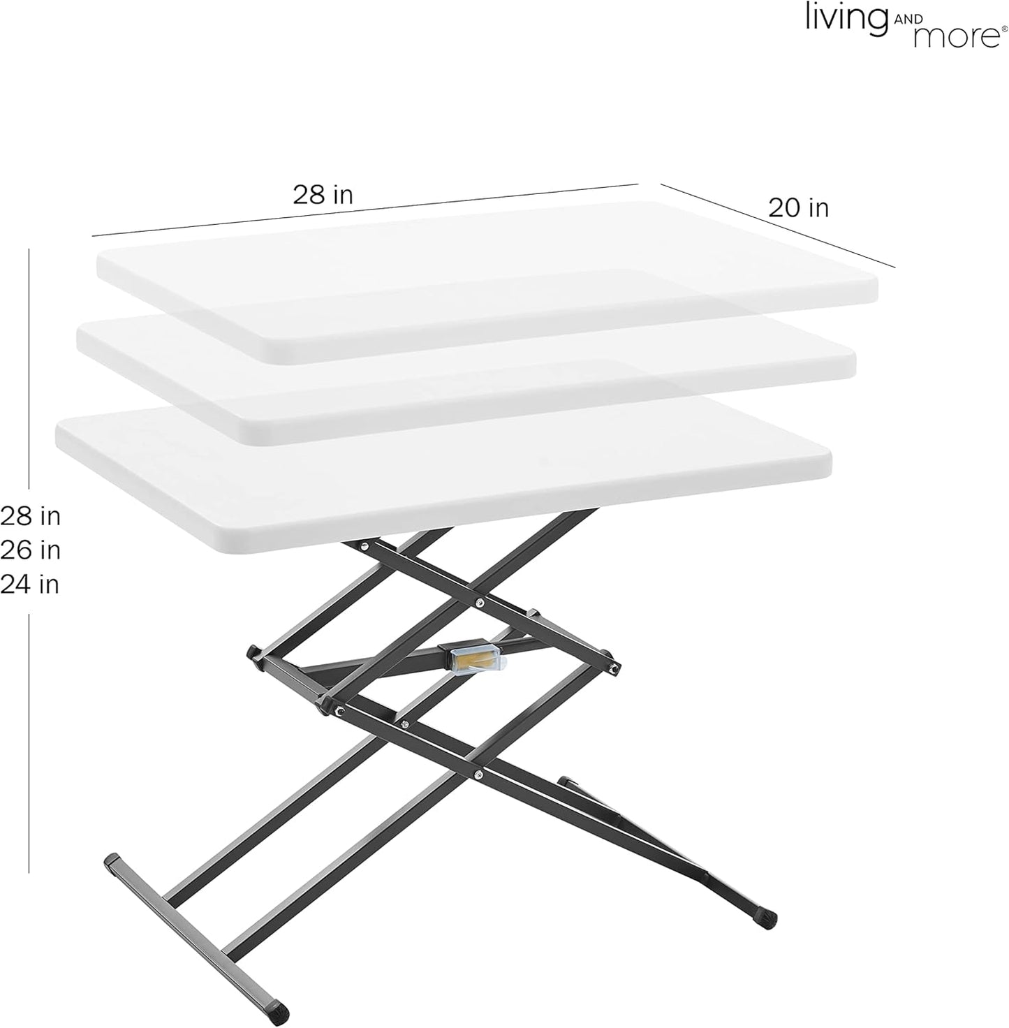 Living and More 28inch Height-Adjustable Personal Table, TV Tray, Portable Dinner Table, Multi-Purpose, Lightweight, No Assembly, Easy Fold and Storage, White
