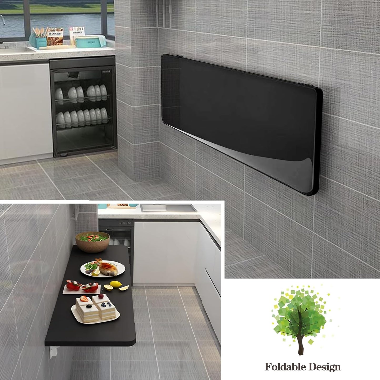 Wall Mounted Folding Table,Black Floating Desk for Small Spaces,Stainless Steel Bracket Laundry Folding Table,Wall Folding Desk,Home Bars and Dining Establishments(100x50cm/39.4"×19.7")