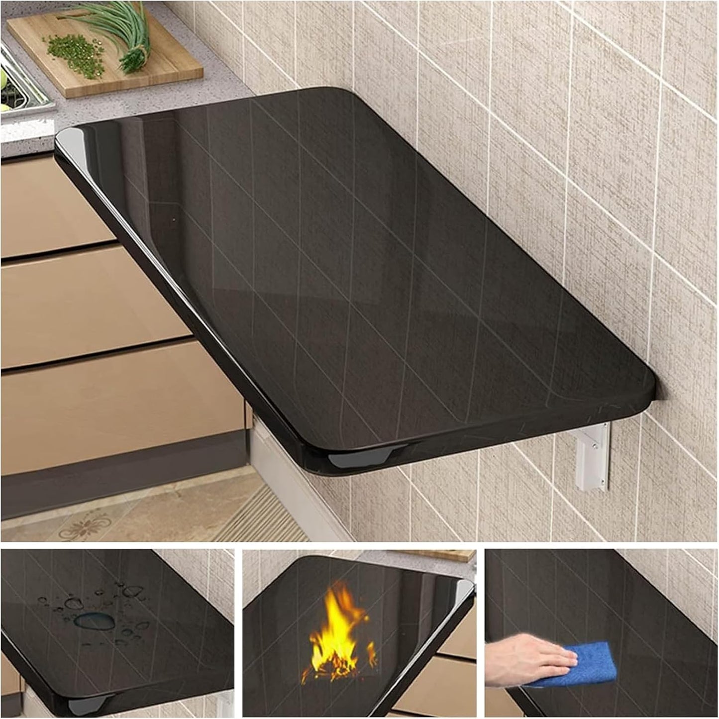 Wall Mounted Folding Table,Black Floating Desk for Small Spaces,Stainless Steel Bracket Laundry Folding Table,Wall Folding Desk,Home Bars and Dining Establishments(100x50cm/39.4"×19.7")