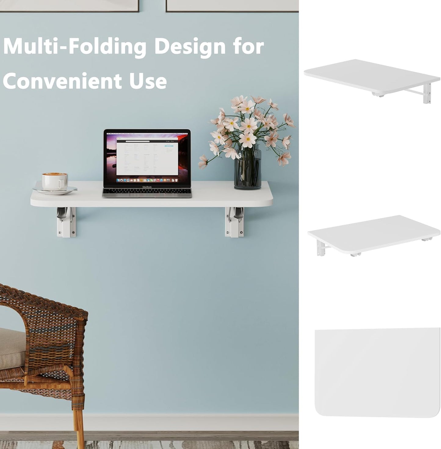 Wall Mounted Folding Desk, Space Saving Drop Leaf Table for Small Spaces, Modern Floating Workbench for Kitchen, Dining, Home Office, Laundry Room, Bedroom, Easy Install, White 15.6" x 23.6"