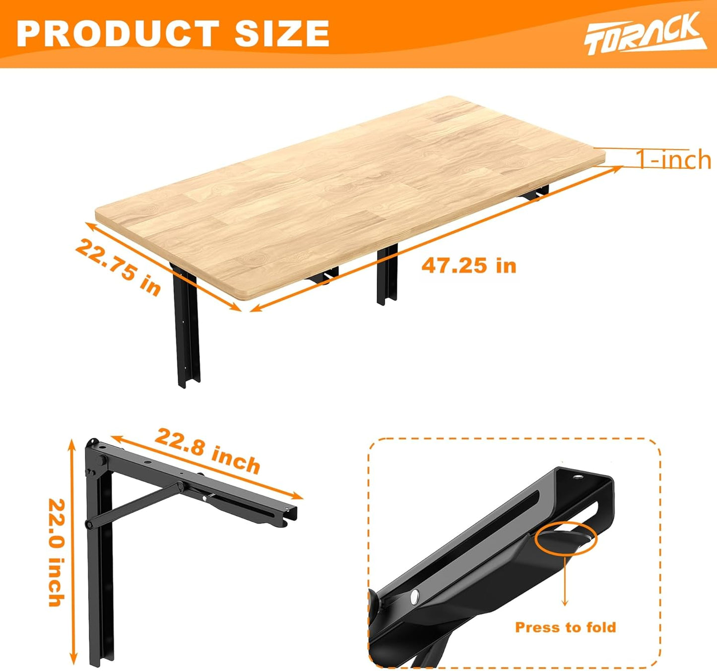 TORACK Heavy Duty Wall Mounted Folding Workbench, Space-Saving Collapsible Wall Table/Desk for Garage Workshop, Holds Up to 550lbs(Board Size: 47.25 x 22.75inch)