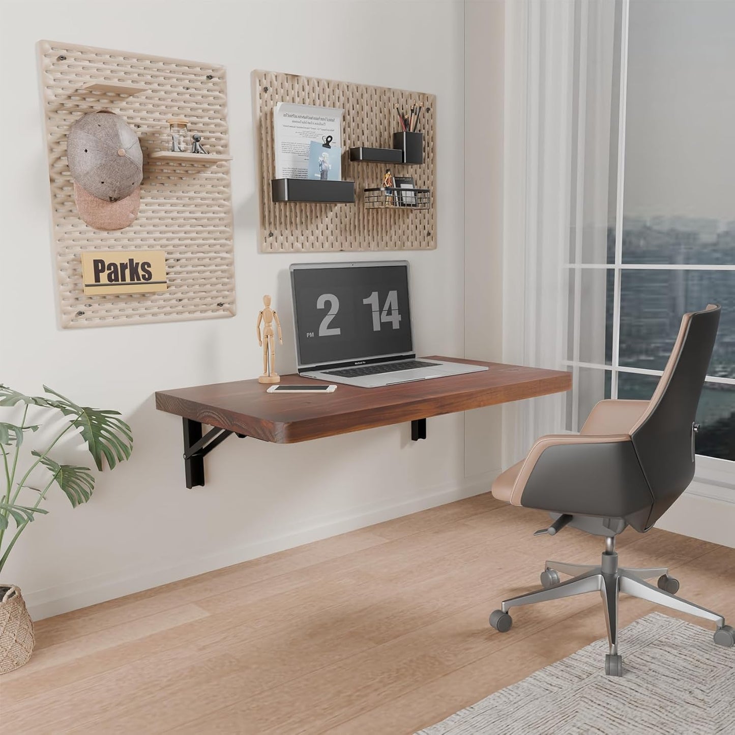 IAE Wall Mounted Folding Table with Pine Wood,36" x 14" Floating Wall Desk,Laundry Folding Table with Shelf Brackets,Fold Down Desk Shelf,Folding Workbench for Home,Dining,Laundry Room,Kitchen,Brown